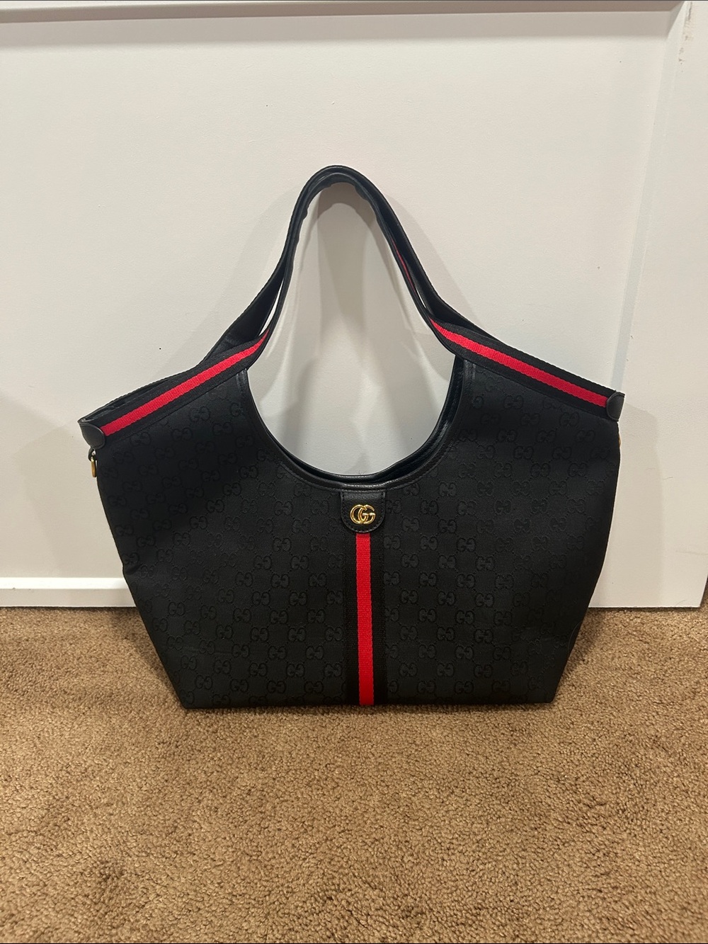 Gucci Black GG Canvas Shoulder Tote with Red Web Stripe
